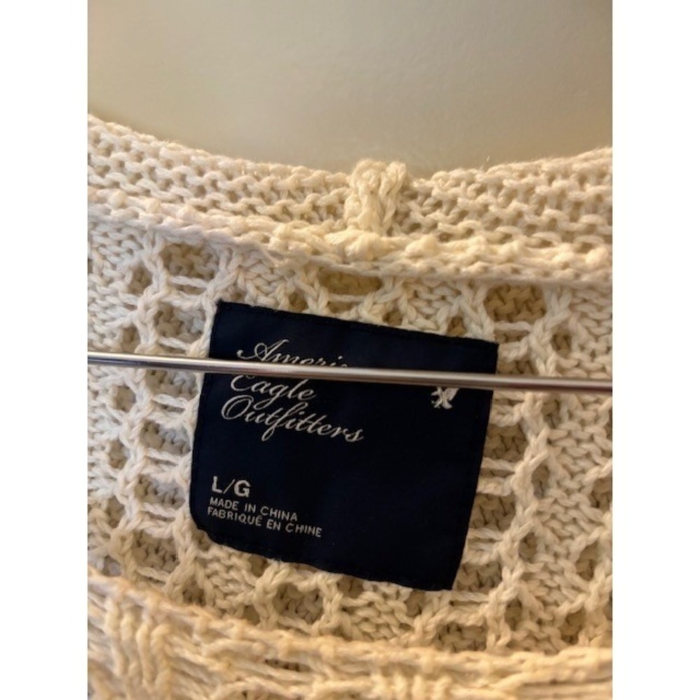 American Eagle Cream Crochet Knit Hoodie Sweater Cotton Boho Beach Women's L - Picture 2 of 8